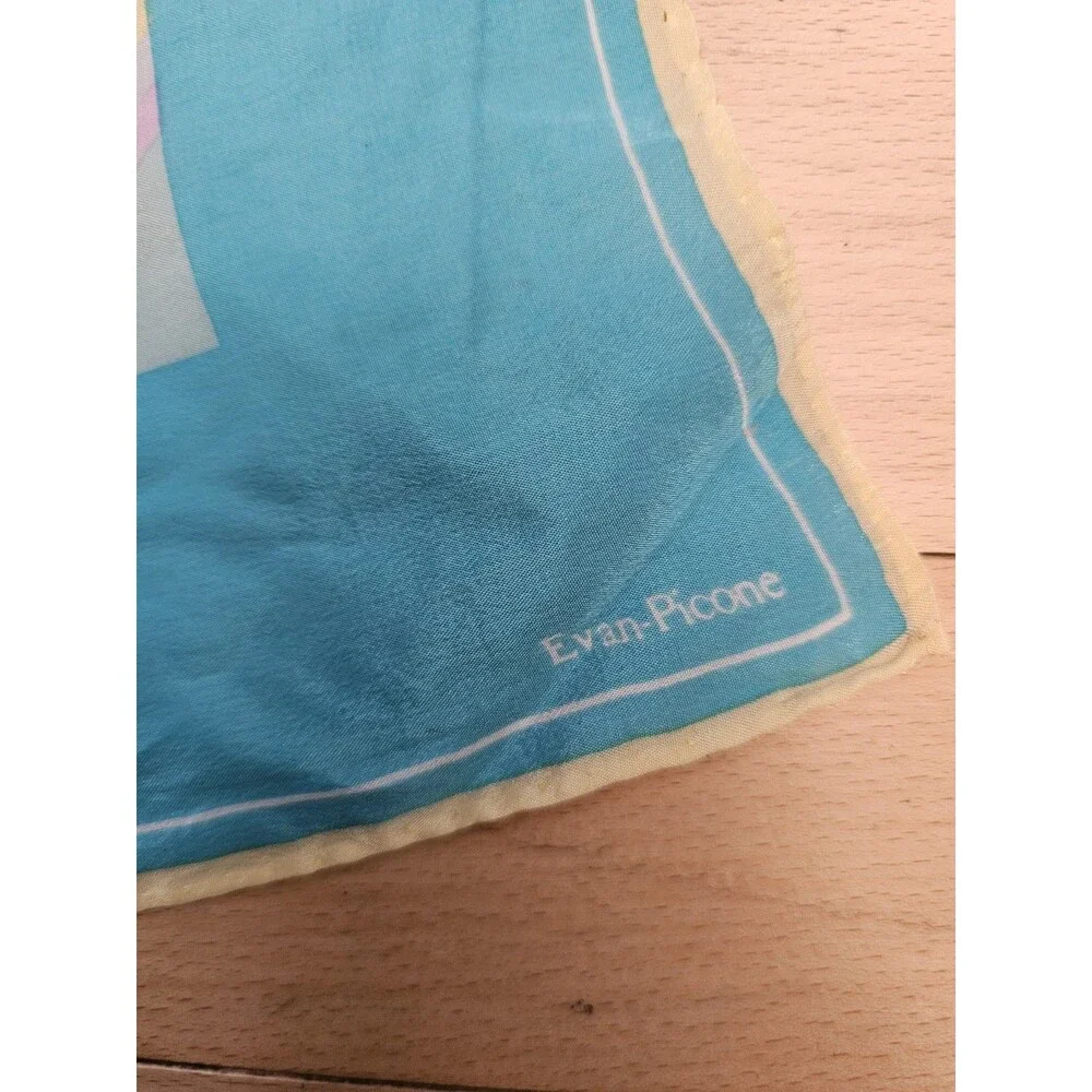 Vintage Evan Picone Silk Scarf Square Pastel Teal Pink Yellow Stripe Neck Wrap